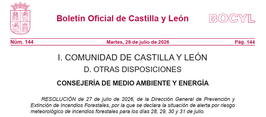 RESOLUCIÓN de 27 de julio de 2026, de la Dirección General de Prevención y Extinción de Incendios Forestales, por la que se declara la situación de alerta por riesgo meteorológico de incendios forestales para los días 28, 29, 30 y 31 de julio. 